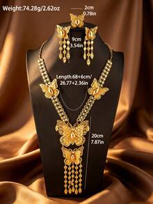 4pcs Bohemian Women's Gold-Plated Butterfly Tassel Necklace, Earrings, Ring Set, Suitable For Wedding Wear And Holiday Exquisite Gift - Gold - View 7