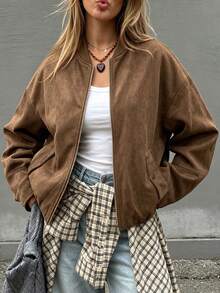 Women's Basic Baseball Short Jacket, Stand Collar Full Zip Loose Long Sleeve Fit, Side Pocket Design, Suitable For Daily Commute And Street Casual Looks - Brown - View 5