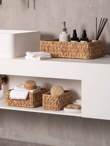 1Pc/3Pcs(S+M+L) Wicker Storage Basket Set, Natural Water Hyacinth Handwoven Baskets, Large Medium Small Stackable Storage Bins For Pantry Shelf Kitchen Bathroom Bedroom Organizer, Decorative Woven Basket Halloween Christmas Gift Home Decor - Ginger - View 3