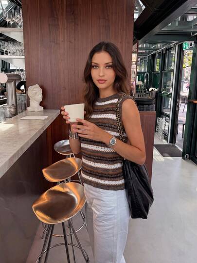 ACKCER Women's Spring/Autumn Mixed Brown & White Horizontal Striped Hollow Round Neck Fitted Sleeveless Knit Vest