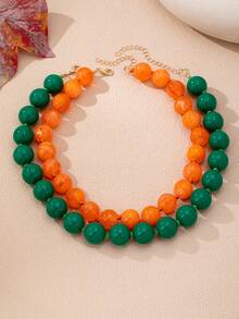 OABE 2pcs/Set Kalung Manik-Manik Berlapis Dua Warna Hijau Dopamin & Oranye Gaya Bohemian untuk Pemakaian Sehari-hari Wanita - MultiWarna - View 3
