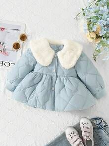 1pc Baby Girls' Autumn/Winter Quilted Padded Coat With Bow Embroidery, Cute Casual Wear For Daily Wear - Blue - View 1