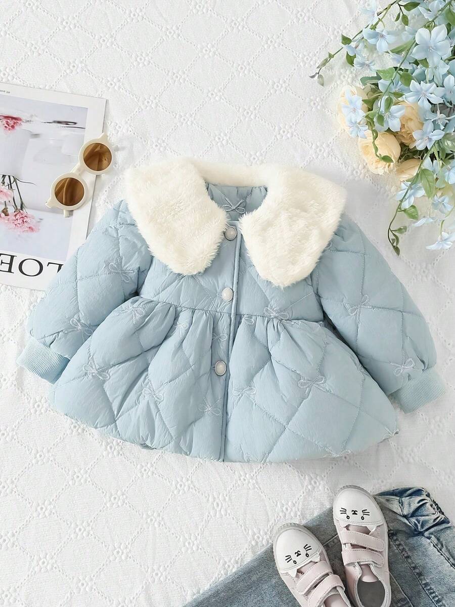1pc Baby Girls' Autumn/Winter Quilted Padded Coat With Bow Embroidery, Cute Casual Wear For Daily Wear - Blue - View 1