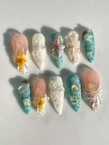 10片海洋主題長尖假指甲，珍珠、貝殼與3D花卉裝飾，附指甲锉與果凍膠，適合女性與女孩，清新自然風格，度假與海灘派對完美之選 - 彩色 - 查看 9