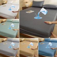 1pc Waterproof Fitted Sheet (Pillowcase Not Included) Fashion Pattern Multi-Color Options Waterproof Mattress Protector Soft Easy To Clean Comfortable Student Dorm Bedroom Hotel Bedding All Season Use - Denim Blue - View 1