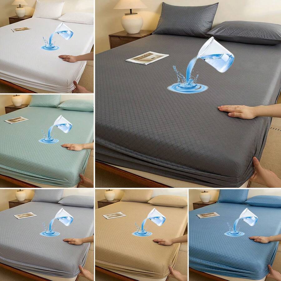 1pc Waterproof Fitted Sheet (Pillowcase Not Included) Fashion Pattern Multi-Color Options Waterproof Mattress Protector Soft Easy To Clean Comfortable Student Dorm Bedroom Hotel Bedding All Season Use - Denim Blue - View 1
