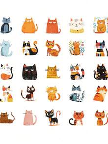 50Pcs Simple Line Drawing Black Cat Stickers, Cute Indoor Kitten Daily Life Waterproof Decals For Luggage Notebook DIY Craft Holiday Gift, Back To School - Multicolor - View 7
