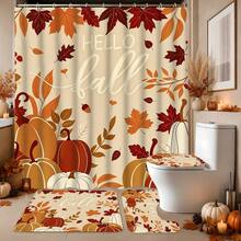 1/4pcs Autumn Harvest Maple Leaf & Pumpkin Shower Curtain Set, With 12 Hooks, Waterproof Polyester Bathroom Curtain, Privacy Screen, Thickened, Durable Quick-Dry, 180*180cm Size, Halloween Thanksgiving Autumn Harvest Bathroom Decor - A - View 3