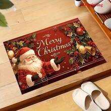 2D 1pc Santa Claus And Christmas Tree Pattern Welcome Mat - "Merry Christmas" Text, Machine Washable, Holiday Holly Berry And Gold Accent Decoration, Christmas Mat, Suitable For Doorway, Bedroom, Bathroom, Kitchen, Holiday Decor - Red - View 3