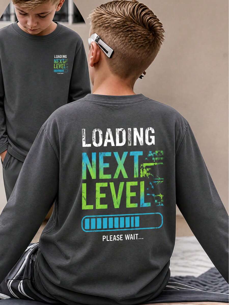 1pc Tween Boys Gradient Pixel Game Loading NEXT LEVEL Charcoal Gray Long Sleeve T-Shirt, Gaming Fun Unisex Kids Loose Fit Top For Spring And Autumn - Dark Grey - View 1