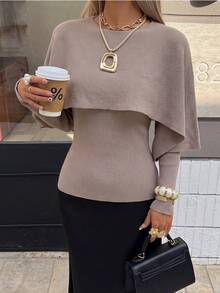 Women's Ribbed Knit Batwing Sleeve Sweater, Elegant Autumn Pullover, Mid-Stretch Long Sleeve Regular Fit Top - Dusty Purple - View 6