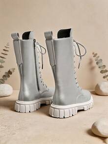 1 Pair Silver Fashion Vintage Kids Tall Boots, Comfortable PU Material, Shiny Lace-Up Side Zipper Design, Durable Thick Sole Height-Increasing Riding Boots For Girls, Suitable For Daily School, Holidays, Vacation, Versatile, Autumn/Winter New Style - Silver - View 8