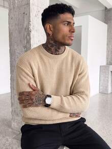 Men's Autumn/Winter Basic Solid Color Lightweight Sheer Polyester Pique Textured Casual Fitted Long Sleeve Drop Shoulder Crew Neck Pullover Sweater - Light Yellow - View 4