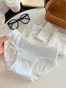 5pcs/Set Japanese Style Cute Blue Plaid & Floral Cotton Thin Women's Triangle Panties - Multicolor - View 4