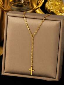 VceTd 2PCS Fashion Vacation Layered Style Stainless Steel Women's Necklace Set With Random Beaded Chain And Cross Pendant Y-Shaped Necklace, Suitable For Daily Wear, Vacation Or Holiday Gift - Yellow Gold - View 6