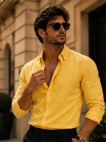 Men's Slim-Fit Casual Long-Sleeve Button-Up Shirt - Soft Textured Cotton-Linen Blend Breathable Shirt For Modern Smart-Casual & Everyday Wear - Yellow - View 3