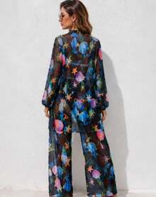 Printed Tulle Beach Cover-Up Shirt And Pants Set - 黑海洋 - 查看 3