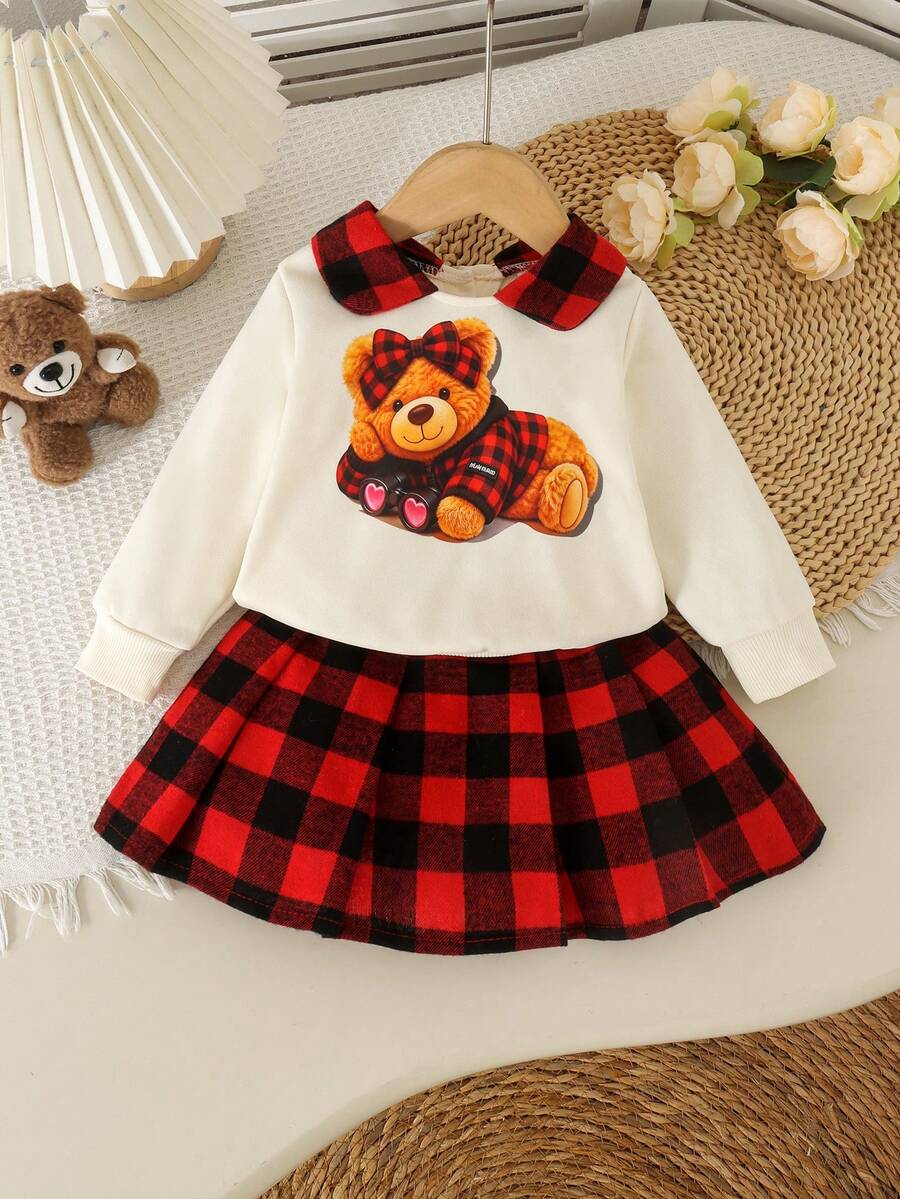 2pcs Baby Girl Cute Bear Pattern Red & Black Plaid Peter Pan Collar Long Sleeve Sweatshirt And Skirt Set, Lightweight, Autumn/Winter Holiday - Multicolor - View 1