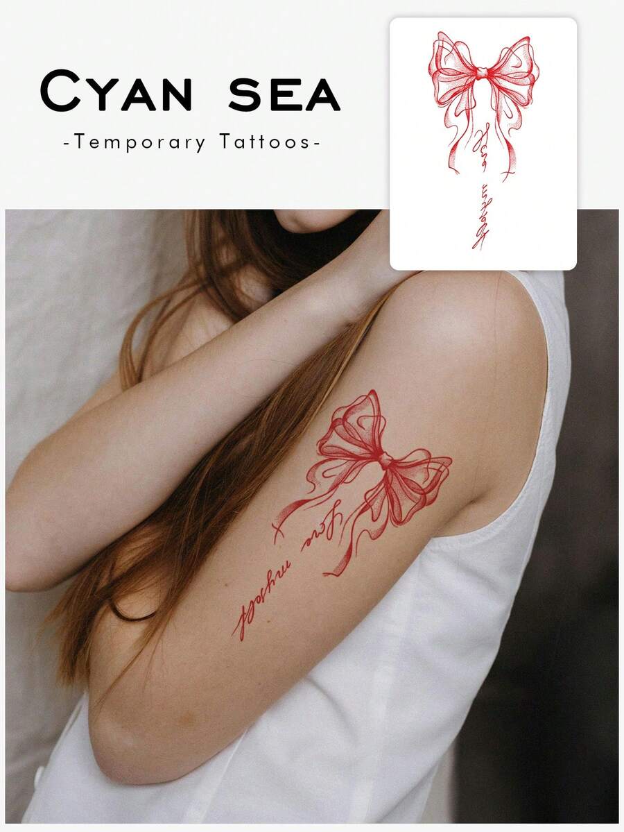 1件臨時紋身貼紙，紅色點繪蝴蝶結搭配手寫文字圖案，逼真紋身設計，適合日常、單身派對小禮物、音樂節、遊戲、畢業禮物，可維持3-5天 - 紅色 - 查看 1