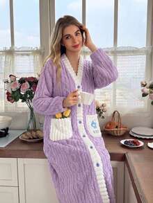 1pc Autumn/Winter Long Thermal Lined Thickened Bathrobe, Contrast Color With Pockets, V-Neck Button, Sweet Cute Elegant Home Casual Wearable Flannel Robe For Couples And Women - Mauve Purple - View 4