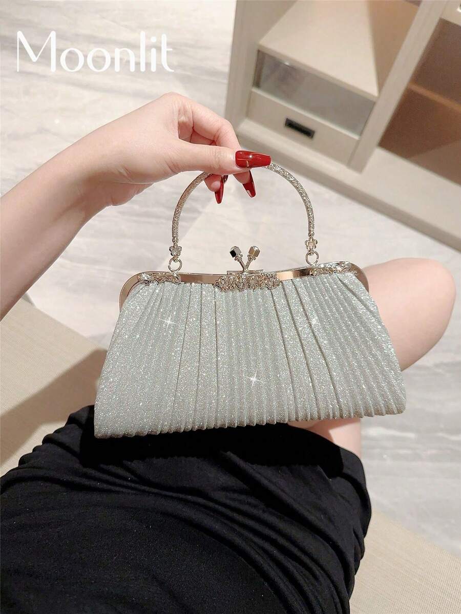 一个闪亮的金属线晚装手包，金色，适合礼服、派对、婚礼、新娘，带链条的奢华手提包，派对包非常适合派对婚礼舞会晚宴/宴会搭配节日派对礼服晚礼服和亮片礼服