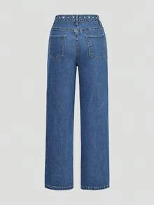 Women Washed Straight‑Leg Jeans With Slant Pockets & Metal Rivets, Heavy‑Duty Punk Western Retro Style, Comfortable. Music Festival, Fits All Figures - Blue - View 10