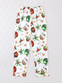 2pcs/Set Christmas Tween Girl Pajama Set, Cartoon Christmas Element Print Pattern Lapel Long Sleeve Cardigan With Elastic Waist Long Pants, Flame Retardant Knit Fabric, Suitable For All Seasons, Girls Mid-To-Large Children - White - View 4
