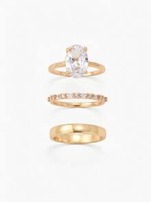 Vandermere 3pcs Unique Oval Cut Cubic Zirconia Bridal Set, Engagement Ring, Promise Ring, Wedding Band, Eternal & Plain Ring Set Gift - Gold - View 2