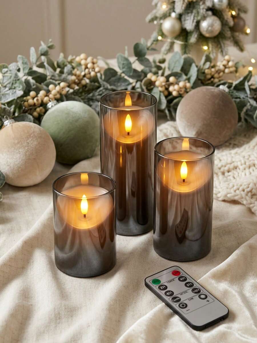 3pcs Grey Acrylic LED Candles, Flameless Design With Realistic Flickering Flame Effect, Battery Operated (Batteries Not Included), Suitable For Home, Wedding, Party And Christmas Decoration, Christmas, Halloween - Grey - View 1
