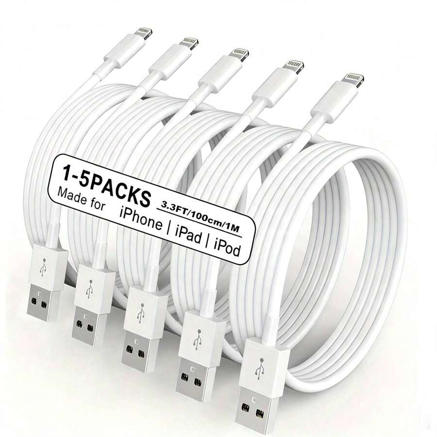 1-5pcs 1m/3.3ft Extra Long Charging Cable Compatible With Fast Charging High-Speed Data Sync USB Cable Compatible With Iphone 14 Plus/13/12/11 Pro Max/Mini/XS MAX/XR/XS/X/8/7/6 Plus - White - View 1
