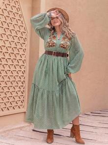Plus Size Women's Polka Dot Embroidered V-Neck Dress - Green - View 3