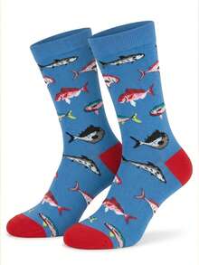 1 Pair Men's Mid-Calf Socks, Colorful Ocean Fish Pattern, Soft & Breathable For Autumn/Winter, Halloween & Christmas Holiday Gift Choice - Multicolor - View 2