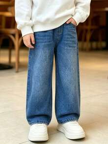 Tween Boy Simple Light Wash Wide Leg Jeans, 8-11 Years, New Sand-Washed Process, Elastic Waistband, Adjustable Fit, No Zipper Design, Semi-Elastic, Loose Fit, Classic Versatile Denim Pants, All-Season Wear - Light Wash - View 13