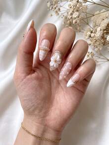 10pcs Handmade Medium Almond Shaped Press-On False Nails, White Swirl French Tip With 3D Bridal Pearl Floral Design, Removable And Reusable Manicure Set (Includes Jelly Glue And Nail File) - White - View 3