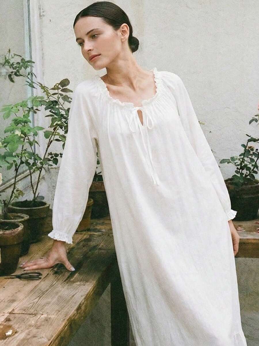 Spring/Autumn Women Princess Style Sweet Long Sleeve Solid Color Sleepwear, Can Be Worn Outdoors, Fall, Winter - White - View 1