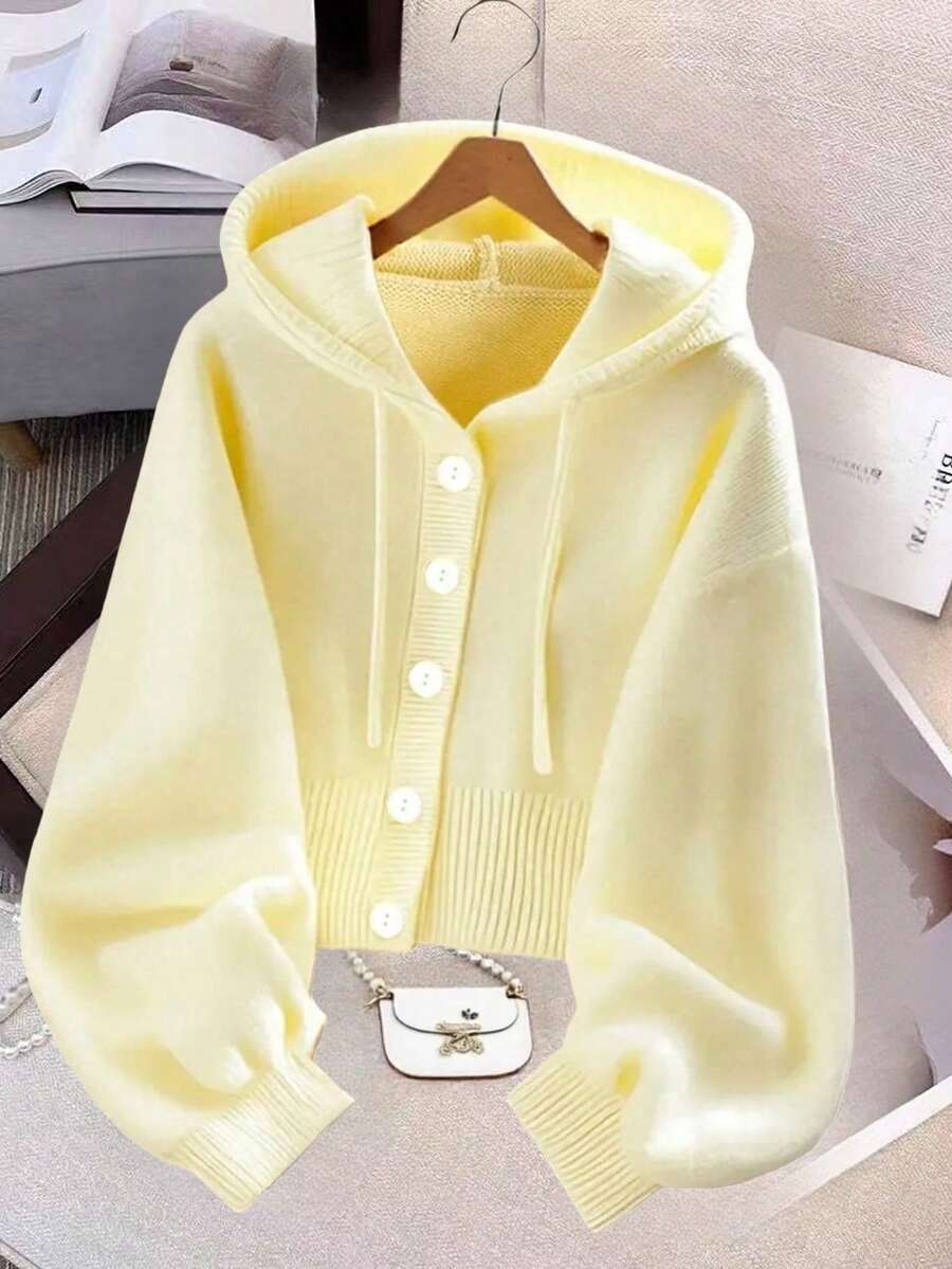 Women's Solid Color Single-Breasted Long-Sleeve Hooded Knit Jacket Yellow Autumn - 黃色 - 查看 1