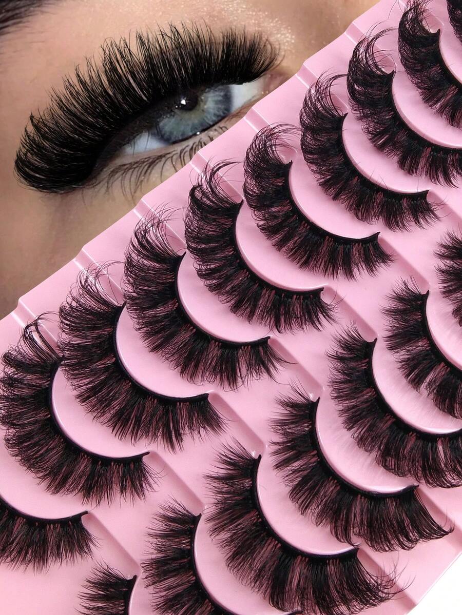 10 Pairs Natural False Eyelashes Thick 3D Fluffy Multi-Layer D Curl Russian Style Enlarged False Eyelash Volume Reusable Cat Eye Lashes Suitable For Travel Essential Fake Eyelashes Strip Lashes