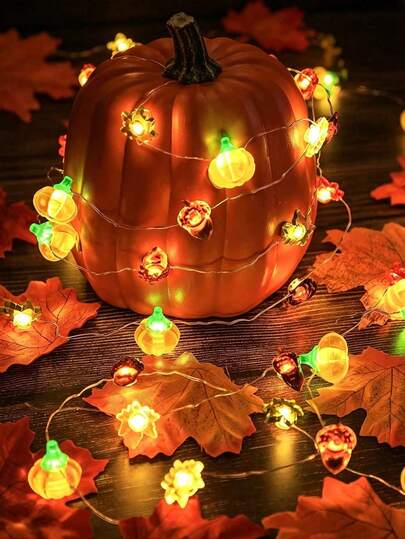 Autumn Decoration 3D Pumpkin Chestnuts Maple Leaf Fairy Lights, Autumn Home Lighting, Autumn Wreath, Harvest Festival, Halloween Party, Christmas Decoration, Halloween Pumpkin Lantern Decoration, LED Warm White Light Pumpkin String Lights