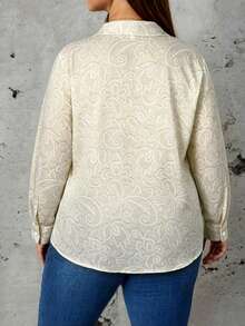 Plus Size Women's Solid Color Romantic Lapel Single-Breasted Long Sleeve Printed Blouse - Apricot - View 2