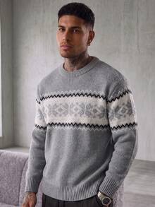 Men's Casual Versatile Plaid Jacquard Crew Neck Long Sleeve Knit Sweater, Korean Style, Suitable For Autumn And Winter - Grey - View 5