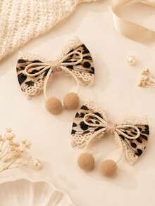 2pcs Leopard-Print Bow Hair Clips With Hairball,Lace Decor Hairpins,Exquisite Retro Hair Clips,Casual Daily Kids Girls Hair Accessories - Multicolor - View 3