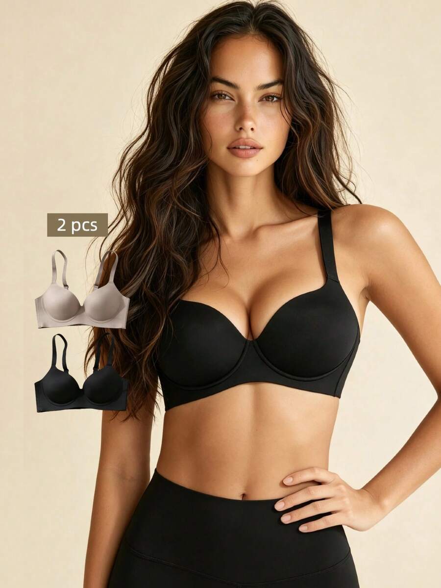 Lilivine 2pcs/Set Lightweight Underwear, Breast Supportive Bra For Small & Big Cup Sizes, Wireless, Anti-Sagging, Smooth Surface, And Side Coverage - Multicolor - View 1