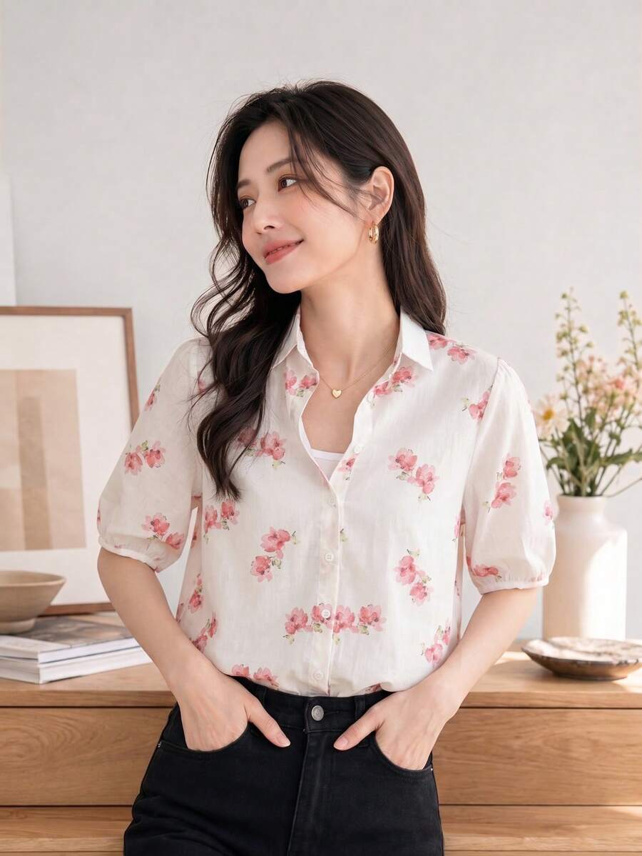 YUXIN 女款法式風格黃色碎花襯衫，領口設計 3/4 袖，適合上班或度假，透氣修身藝術感上衣，夏季款