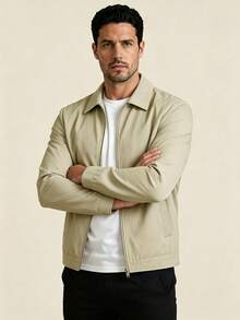 AHTELB Men's Spring/Autumn Stand Collar Jacket, Fashion Casual Solid Color Jacket, Men's Turn Collar Zipper Jacket, Father Sports - Khaki - View 4