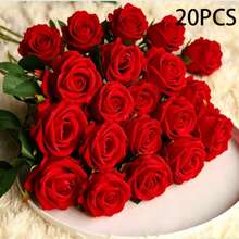 1/5/8/10/12/15/16/20/22支 20英吋人造紅玫瑰仿真花，逼真絲絨假花，新娘花束，花卉裝飾，情人節禮物，婚禮派對，家居裝飾，生日禮物，戶外裝飾，花瓶裝飾（購買須知：可能含有氣味，請先通風一段時間） - 紅色 - 查看 18