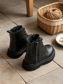 1 Pair Fashionable Children's Classic Lace-Up Boots, Minimalist Plain Round Toe Short Boots, Suitable For School Daily Wear And Casual Outings, Versatile For All Seasons - Black - View 5