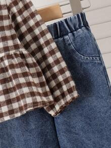 2pcs Baby Girl Casual Vintage Plaid Top & Embroidered Denim Pants Set, Thin For Spring/Autumn - Multicolor - View 6