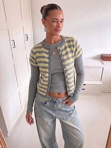 Women's Vintage Striped Button-Up Short Sleeve Knit Top, Yellow Summer - Yellow - View 2