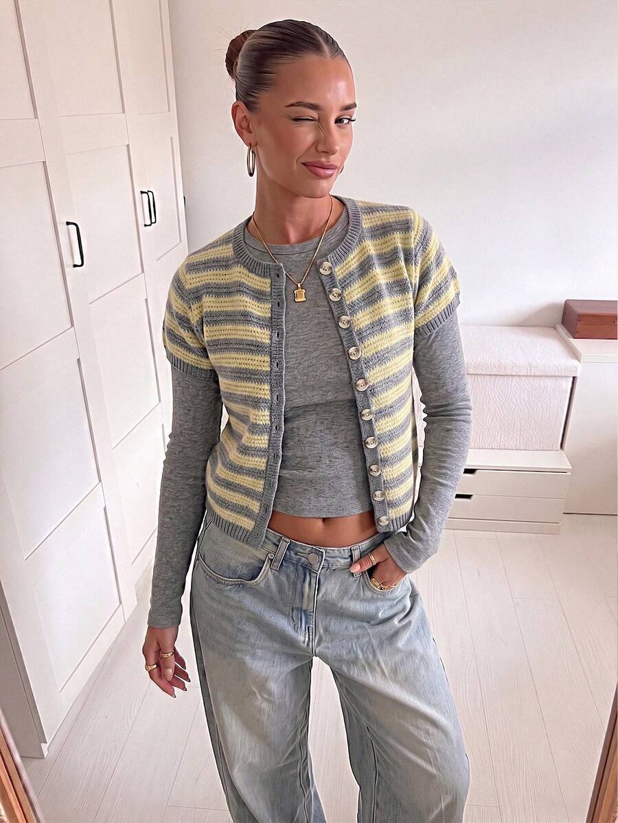 Women's Vintage Striped Button-Up Short Sleeve Knit Top, Yellow Summer