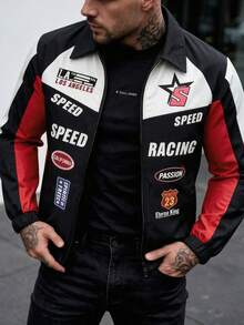 Men's Spring/Autumn Stylish Casual Letter Print Color-Blocked Motorcycle Racing Jacket, Simple And Versatile Lapel Men's Coat, Suitable As A Gift For Friends, Husbands, Or Boyfriends. - Black - View 4